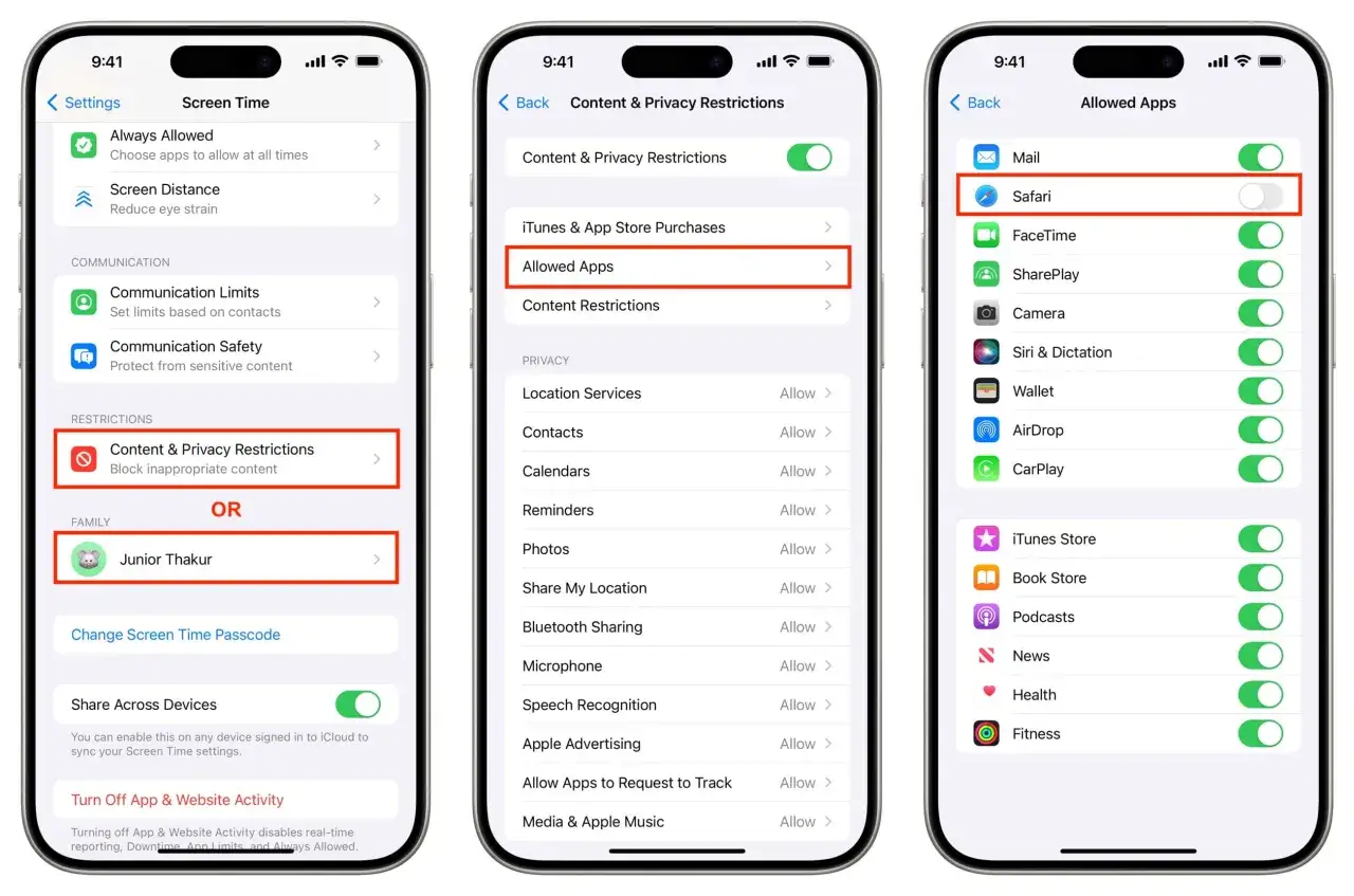 St&auml;ng av Safari f&ouml;r att blockera hemsidor p&aring; iPhone. G&aring; till Inst&auml;llningar > Sk&auml;rmtid > Inneh&aring;lls- och integritetsbegr&auml;nsningar > Till&aring;tna appar.