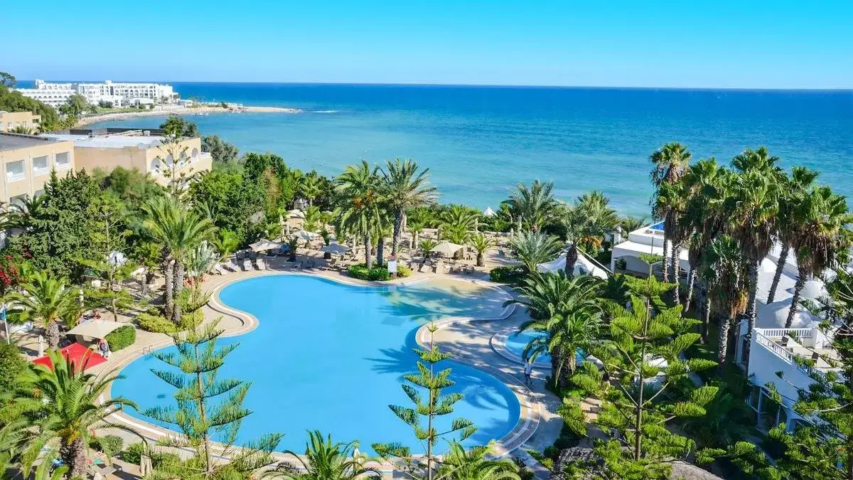 piękna piaszczysta plaża z palmami w Tunezji hotel