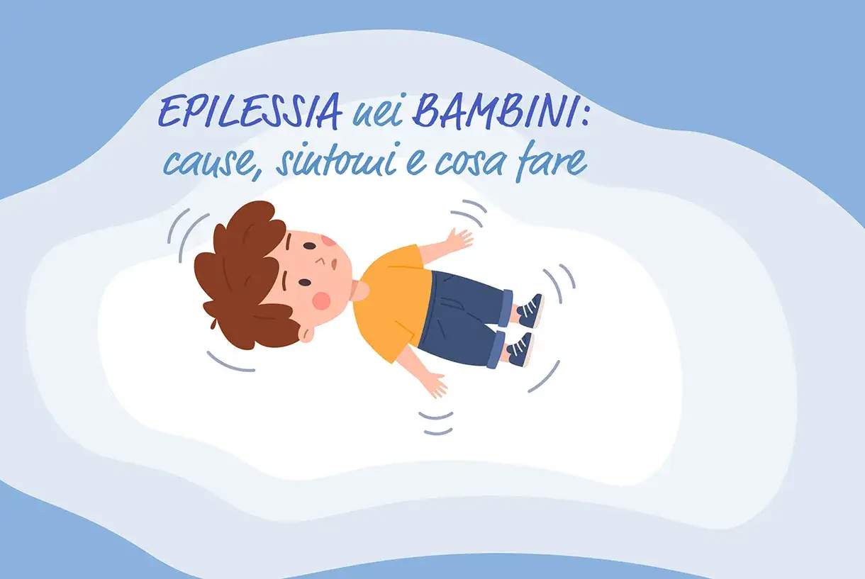 Bambino con un'espressione confusa, sdraiato con le braccia aperte, circondato da linee curve che suggeriscono un movimento o un disturbo, come durante una crisi epilettica.