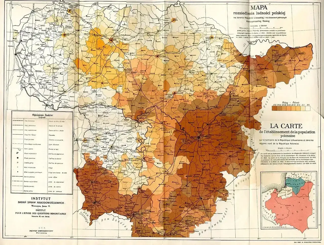 Mapa pokazuje rozmieszczenie ludności polskiej na terenie Litwy i p&oacute;łnocnej Polski. Wilno, gdzie jest polska ludność, zaznaczone jest na mapie.