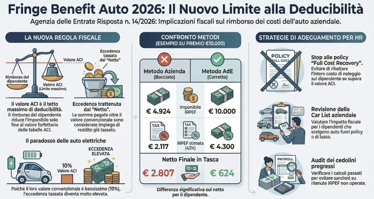 Fringe benefit auto 2026: il valore ACI è il tetto massimo di deducibilità. L'eccedenza tassata diventa elevata per le auto elettriche.
