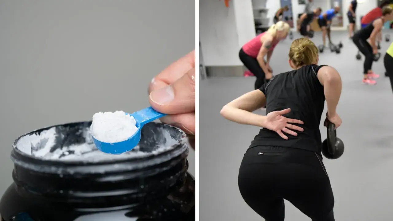 En skopa pulver tas ur en burk. I bakgrunden tr&auml;nar folk med kettlebells. Kanske finns bara 2 kosttillskott som fungerar.