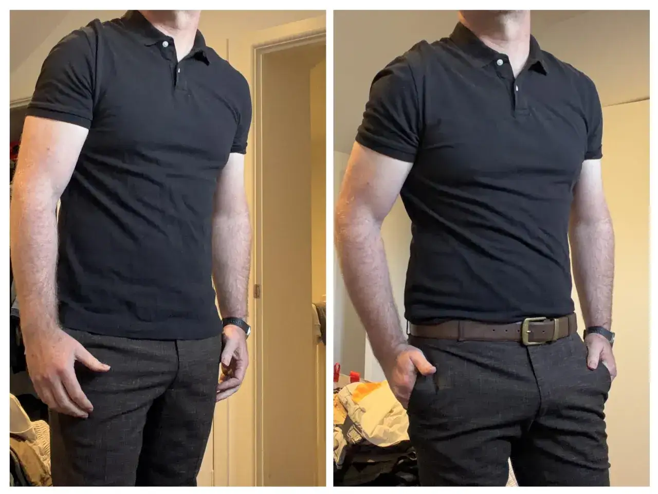Mann im schwarzen Poloshirt, das entweder in die Hose gesteckt oder locker dar&uuml;ber getragen wird. Brauner G&uuml;rtel.