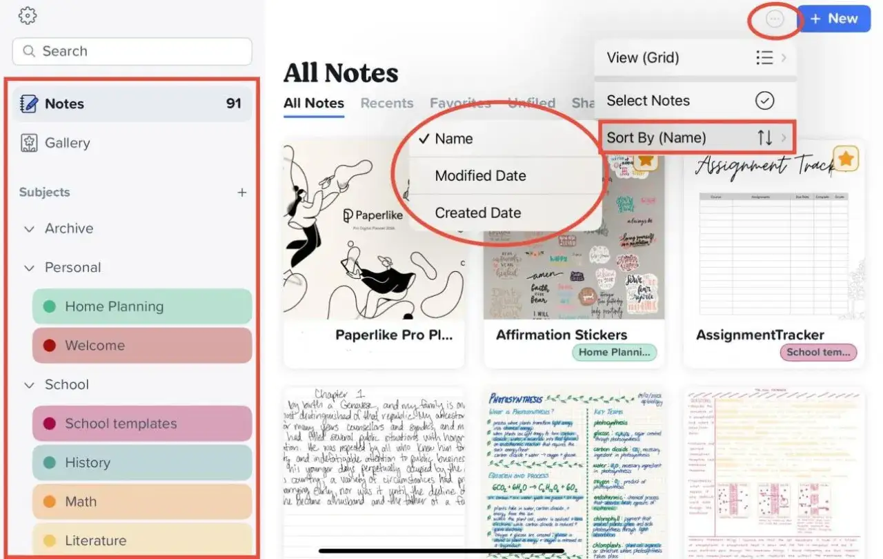 GoodNotes-Notizen mit Lesezeichen, sortiert nach Namen. Die App zeigt eine Liste von Notizen, darunter 