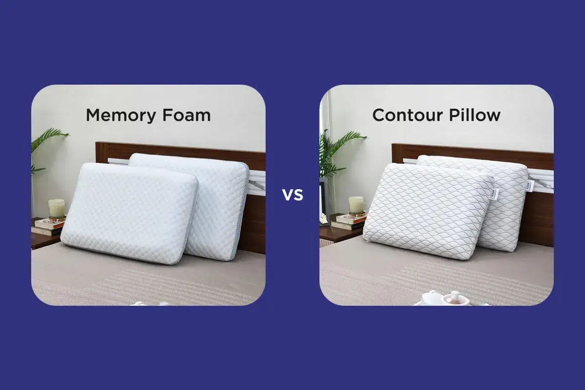 Two pillows on a bed: one labeled 