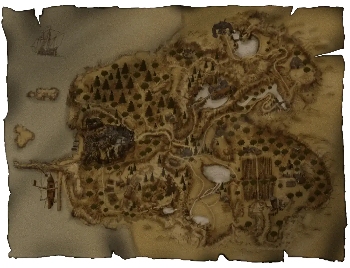Mapa wyspy Khorinis z Dziejów Khorinis. Widoczne porty, lasy, jeziora, farmy i statki.