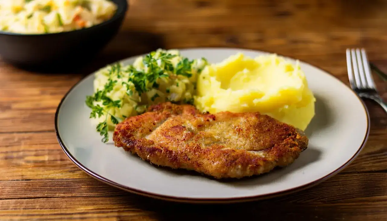 Chrupiące schabowe z airfryer, podane z puree ziemniaczanym i surówką z kapusty. Pyszny obiad gotowy w mgnieniu oka!