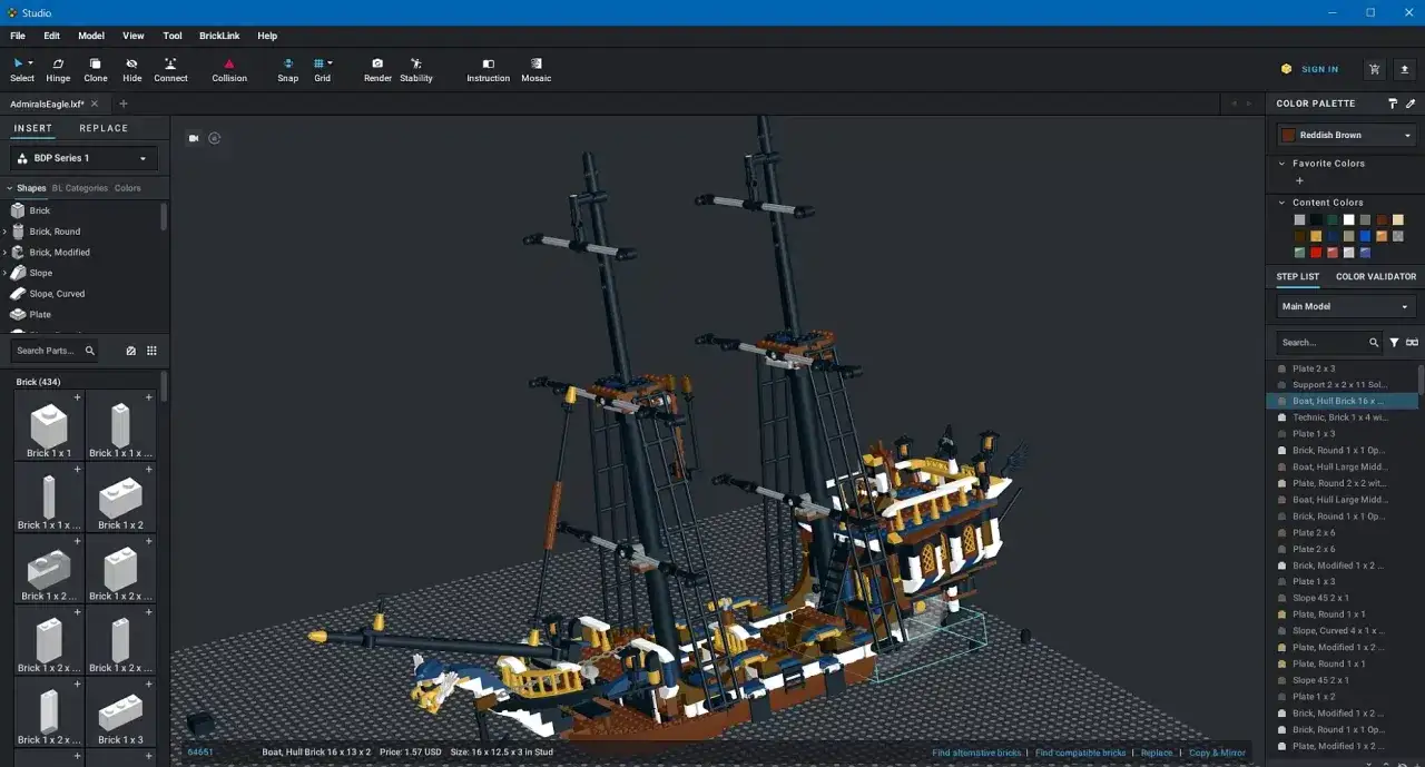 Program do tworzenia modeli z klocków, gdzie można zobaczyć, jak zbudować coś z lego, w tym ten imponujący żaglowiec.