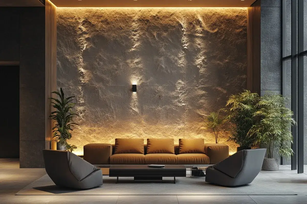 Iluminaci&oacute;n c&aacute;lida y texturas naturales crean un efecto dram&aacute;tico, mostrando como dar profundidad a una pared con piedra y plantas.