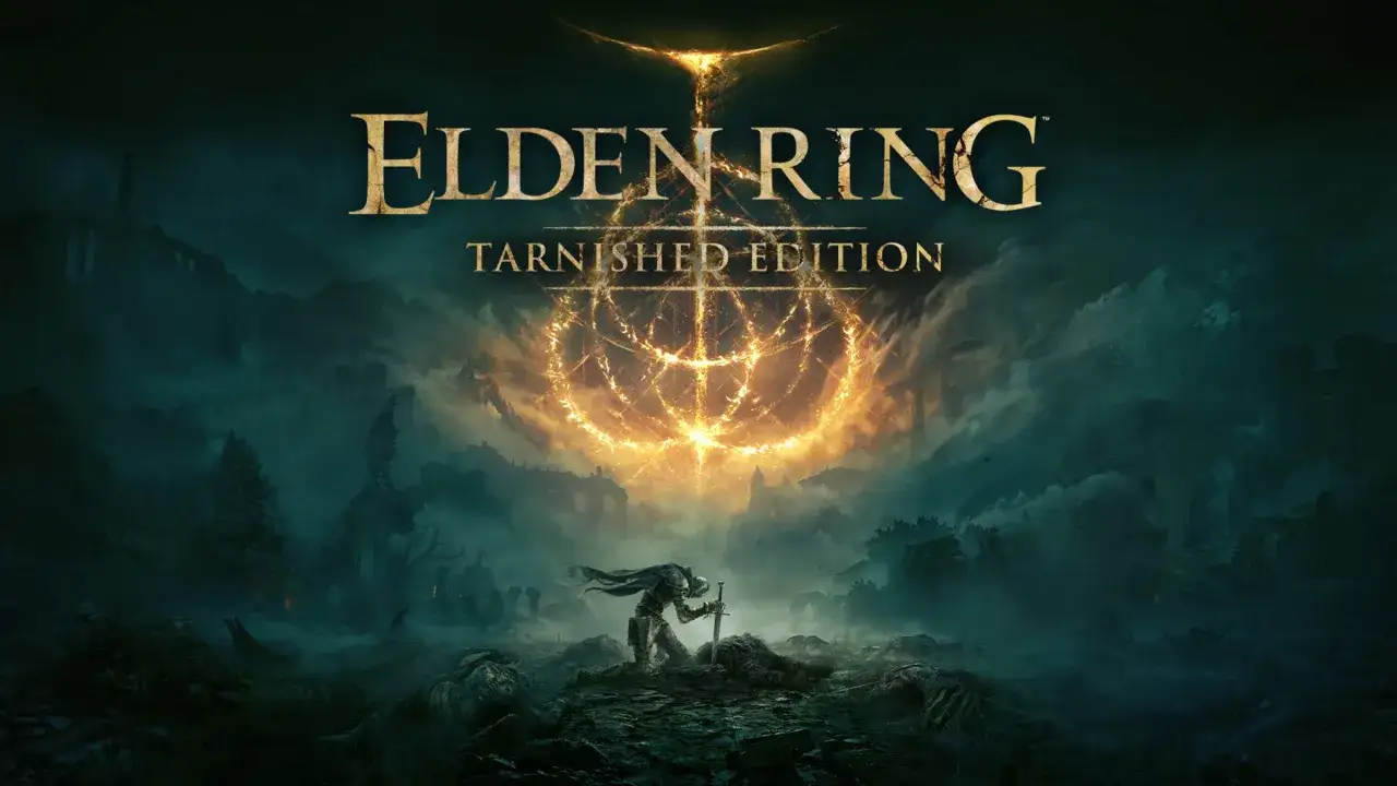 Rycerz w zbroi klęczy z mieczem w dłoni na tle mrocznego krajobrazu i złotej poświaty. Okładka gry Elden Ring Tarnished Edition na Switch.