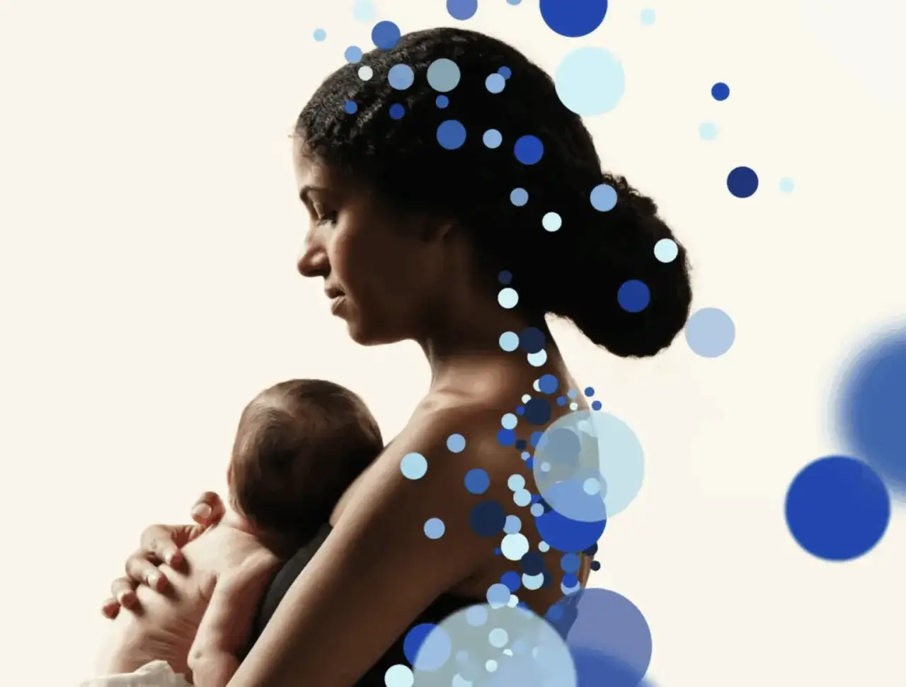 Eine Frau hält ihr Baby. Blaue Kreise umgeben sie, die Gefühle der postpartalen Depression symbolisieren.