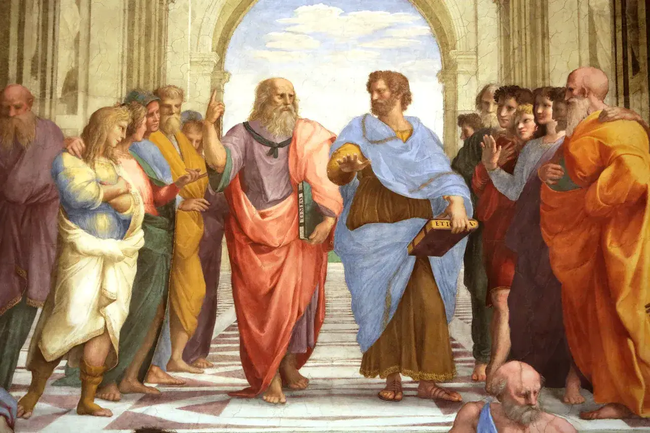 Platon i Arystoteles dyskutują o epikureizmie a stoicyzmie.
