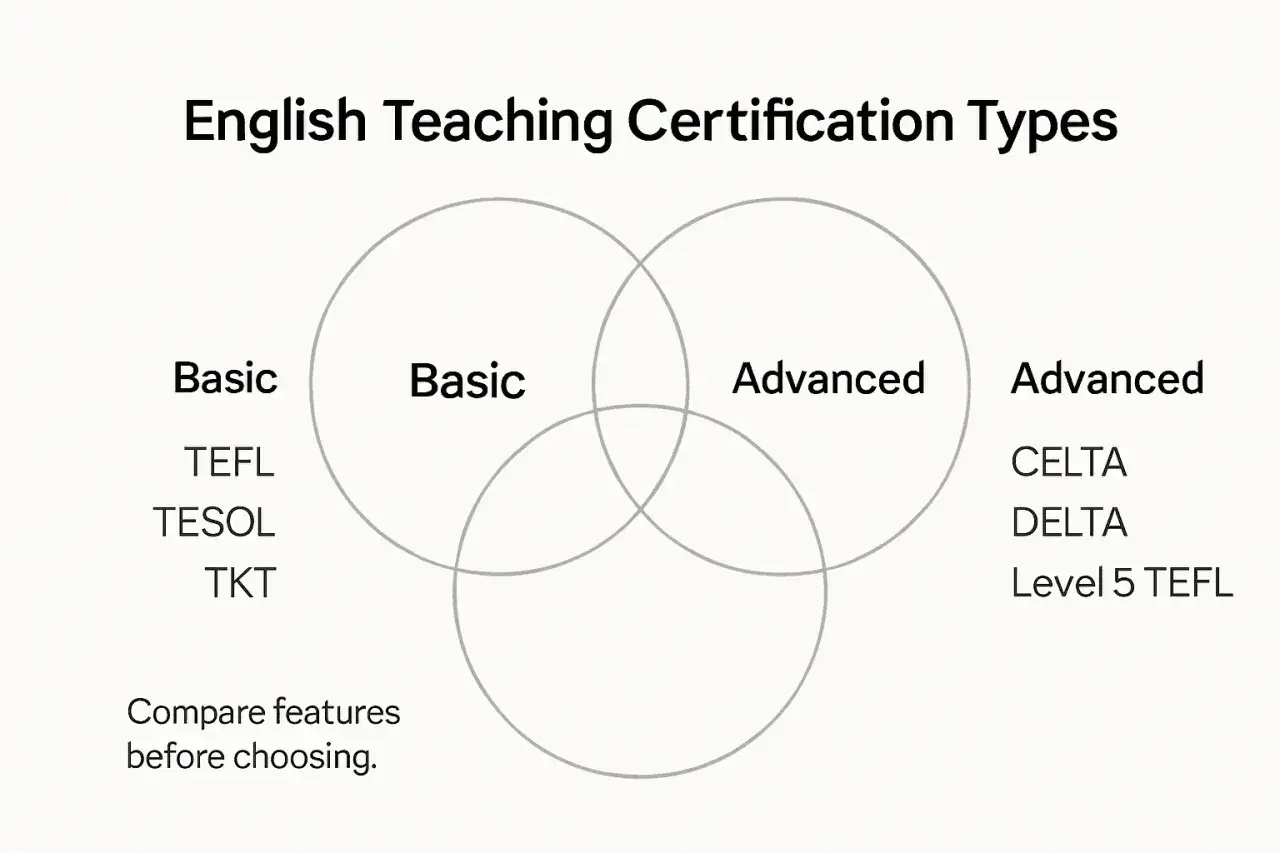 Rodzaje certyfikatów angielski: podstawowe (TEFL, TESOL, TKT) i zaawansowane (CELTA, DELTA, Level 5 TEFL).