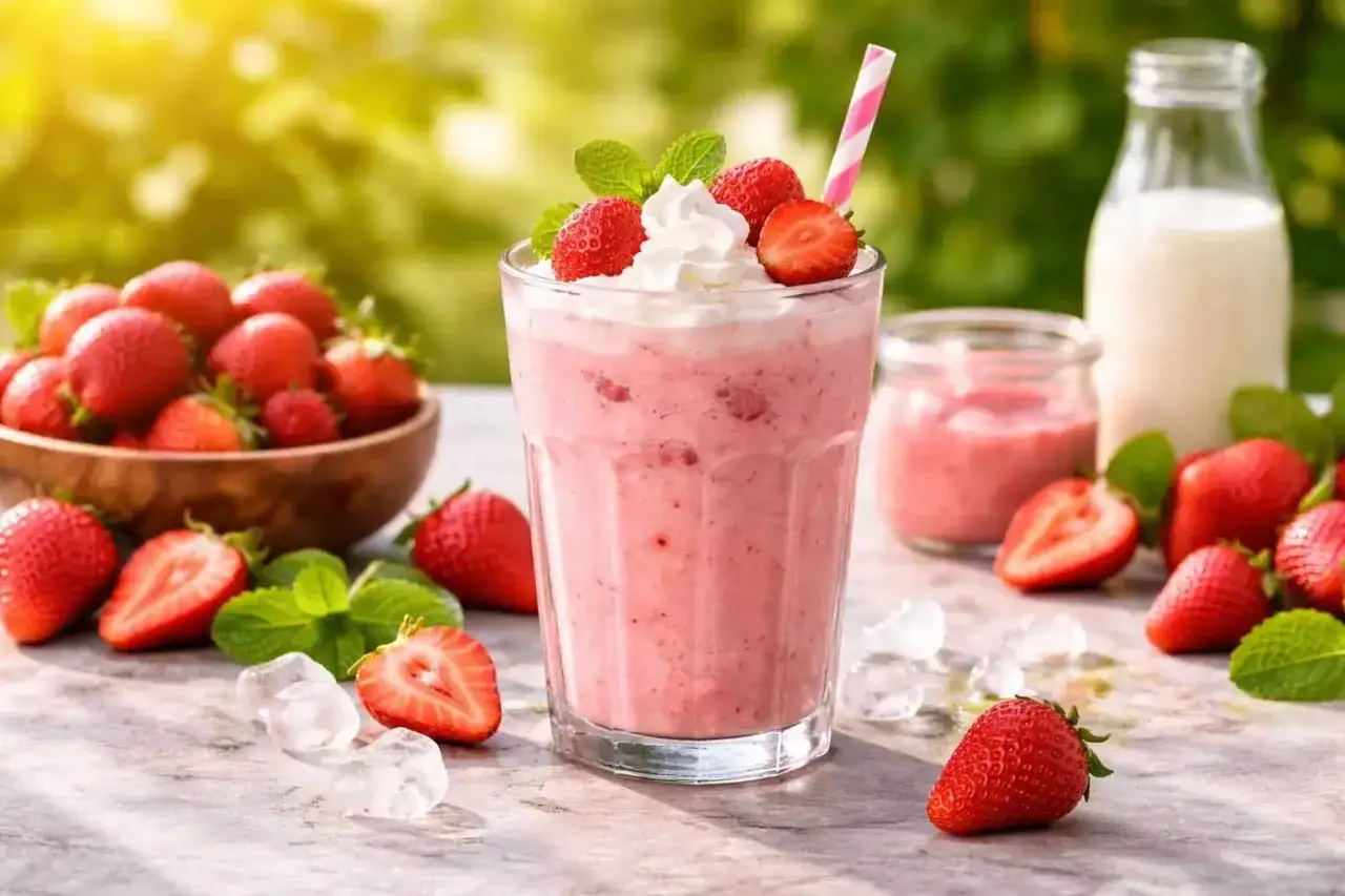 Orzeźwiający shake truskawkowy z bitą śmietaną i miętą, otoczony świeżymi truskawkami i kostkami lodu. Idealny na letnie popołudnie.