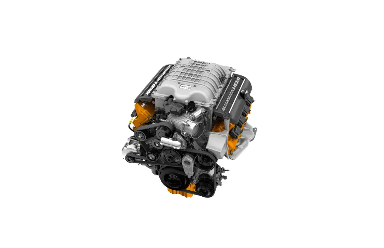 Potężny silnik Hellcat z napisem SUPERCHARGED HEMI.