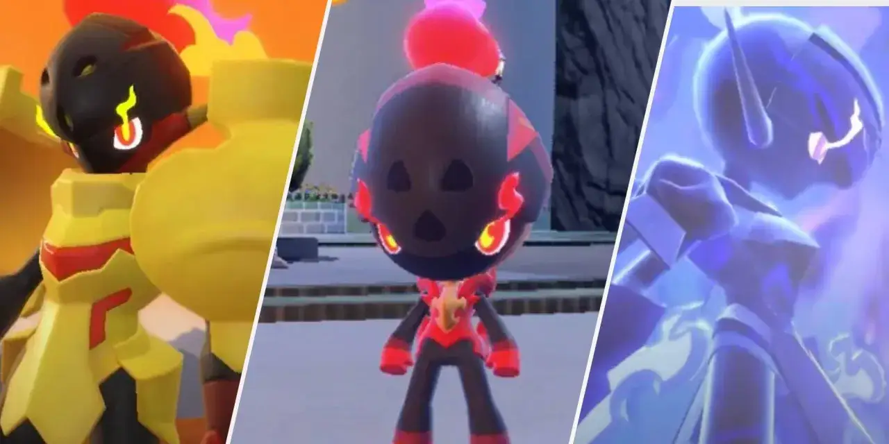 Tres Pokémon: uno amarillo con armadura, otro negro con calavera y fuego, y uno azul etéreo. La charcadet evolucion.