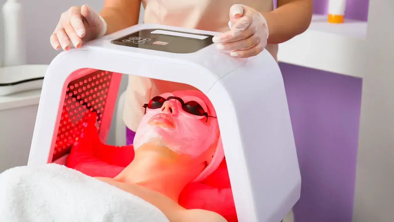 Ansikte med mask och skyddsglasögon under en LED-ljus behandling.