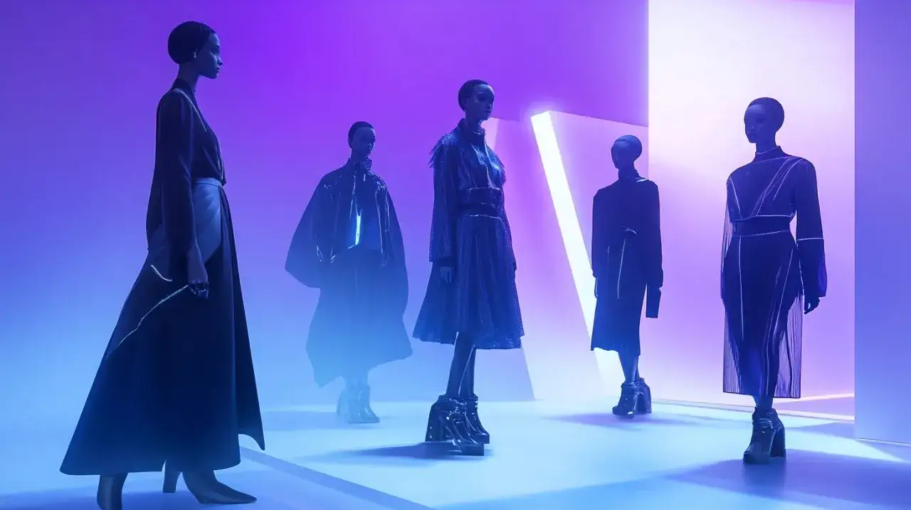 Mannequins présentent une collection de mode futuriste, baignée de lumières violettes et bleues. L'ia mode crée des silhouettes audacieuses.