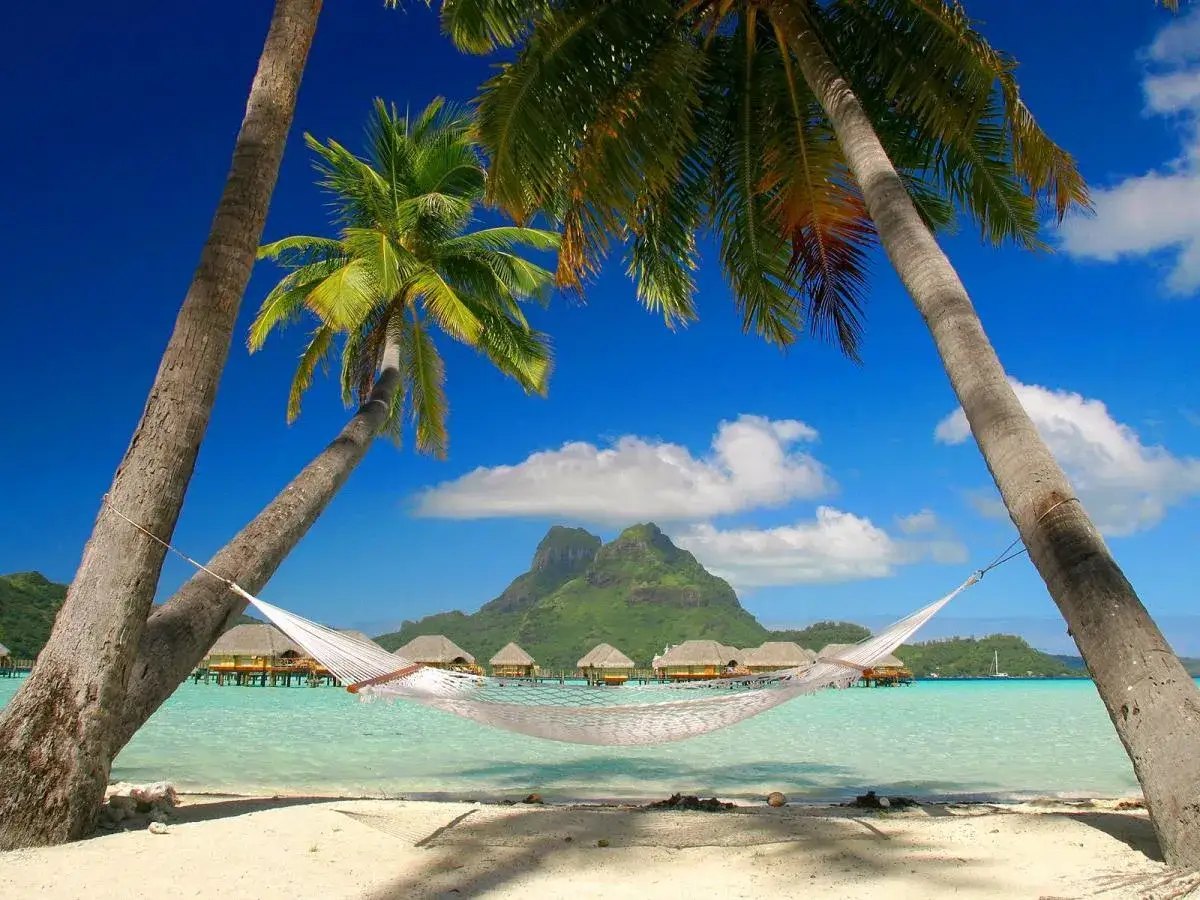 Huśtawka między palmami na rajskiej plaży, z widokiem na domki na wodzie i g&oacute;ry. Idealne miejsce na relaks na wyspie Phu Quoc.