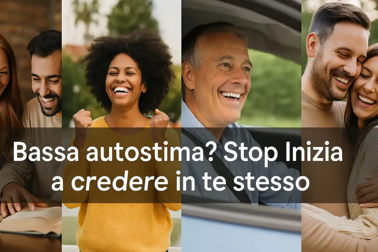 Bassa autostima? Stop! Inizia a credere in te stesso. Immagini di persone felici e sorridenti, che celebrano successi e momenti di gioia.
