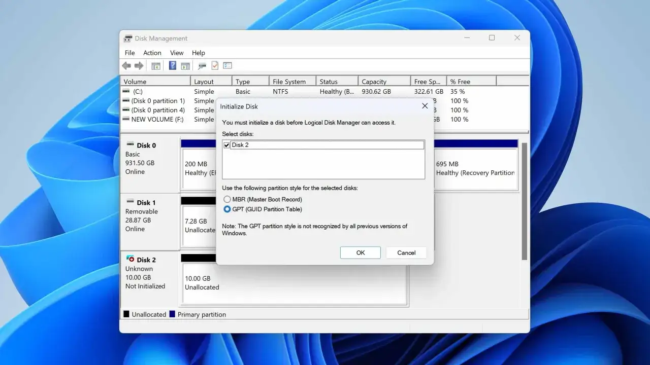 Jak zainicjować dysk SSD: w oknie Zarządzanie dyskami zaznaczamy 