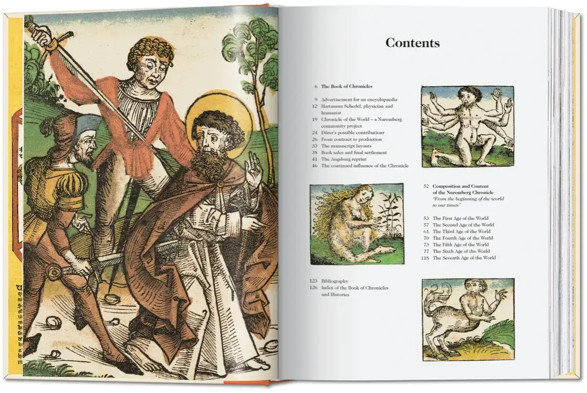 Altes Buch mit Holzschnitten, die eine Szene aus Hartmann Schedels Chronik zeigen. Der Inhalt listet Kapitel über die Chronik auf.