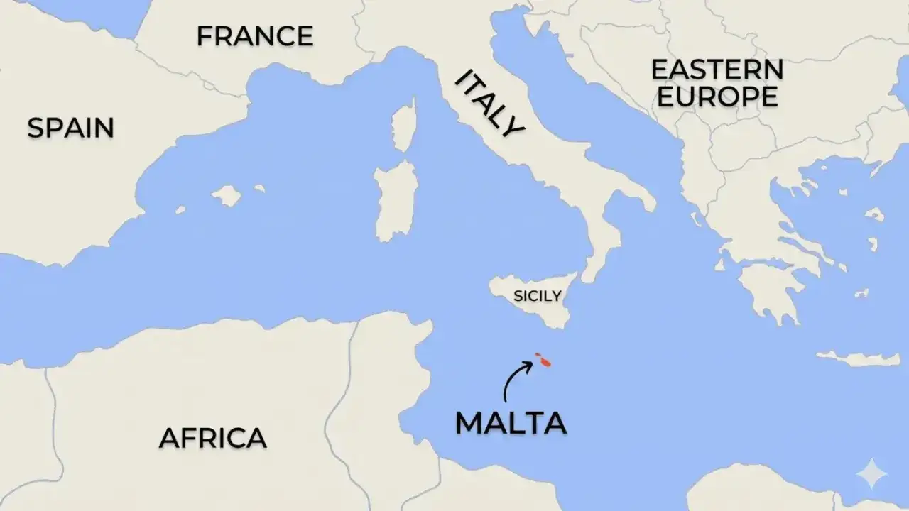 Mapa pokazuje, gdzie jest Malta &ndash; mała wyspa na południe od Sycylii, między Włochami a Afryką.