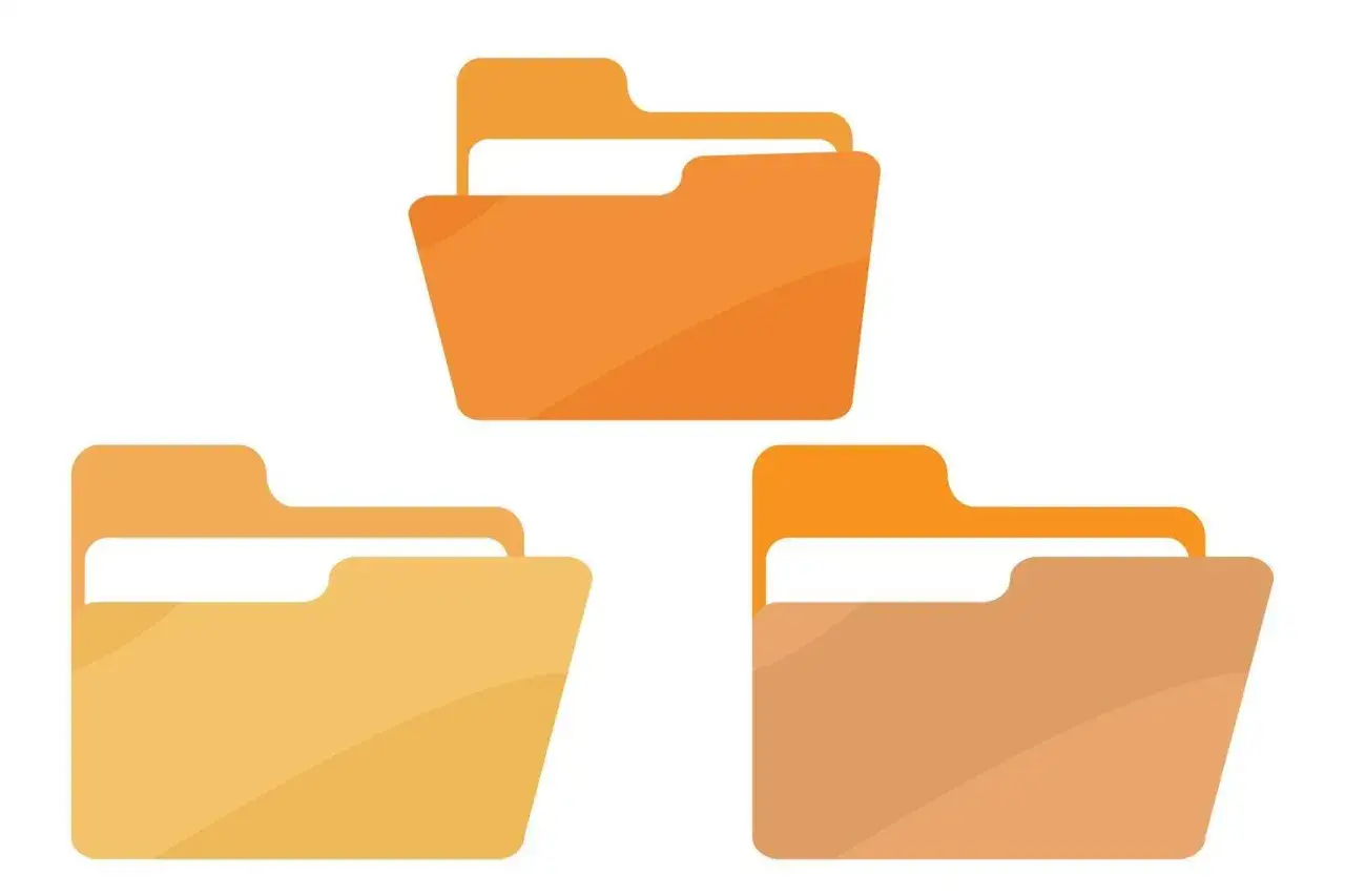Tres carpetas de archivo de diferentes tonos de naranja, listas para organizar y abrir archivos .dat.