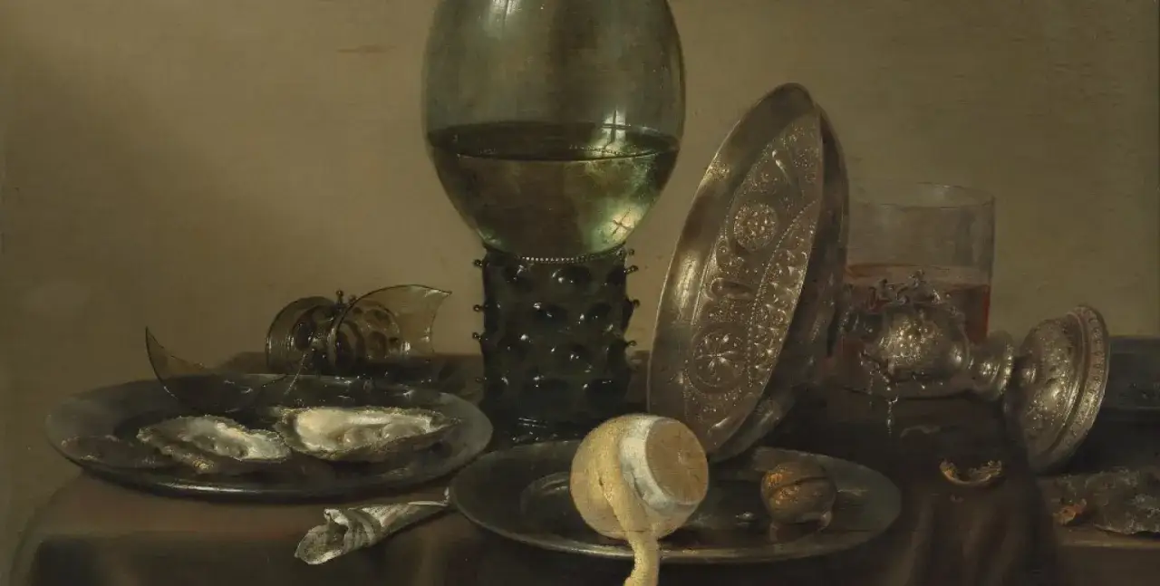 Een prachtig voorbeeld van wat is een stilleven: oesters, gebroken glas, een glas wijn en zilverwerk, alles zorgvuldig gerangschikt.