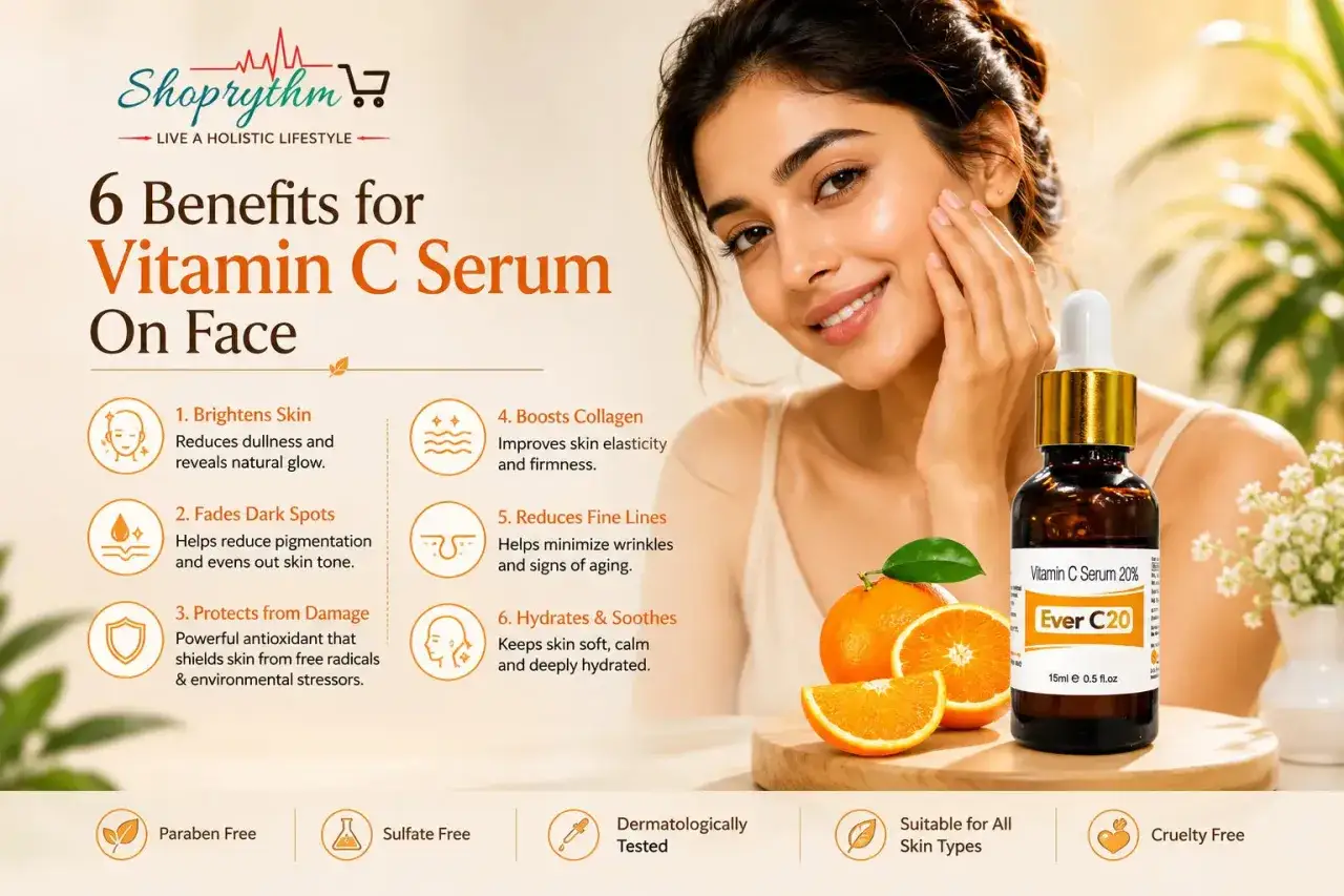 Joven sonriente con suero de vitamina C, destacando sus beneficios como antioxidantes faciales para una piel radiante y protegida.