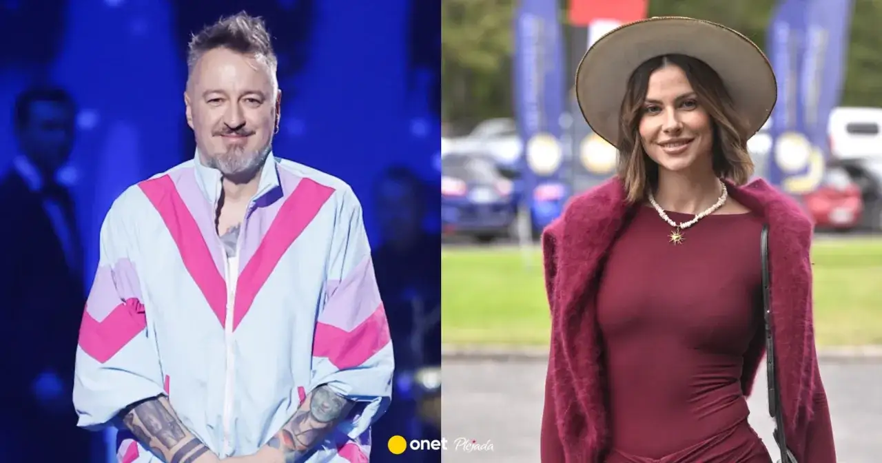 Piotr Kędzierski z żoną. On w kolorowej kurtce na scenie, ona w bordowej sukience i kapeluszu.
