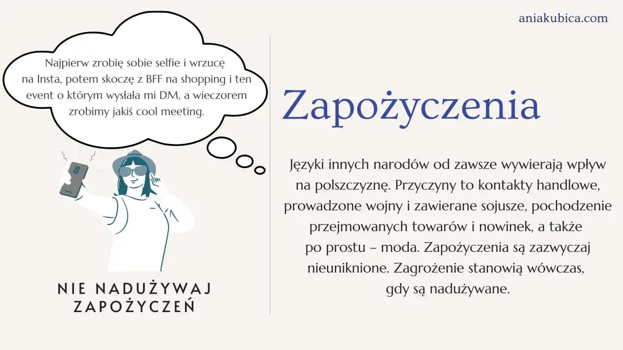 Dziewczyna robi selfie, planując dzień pełen zakupów i spotkań. Tekst ostrzega: