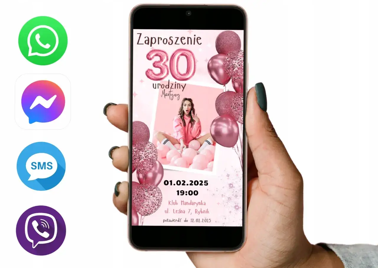 smartfon z otwartą aplikacją Messenger i zaproszeniem na urodziny