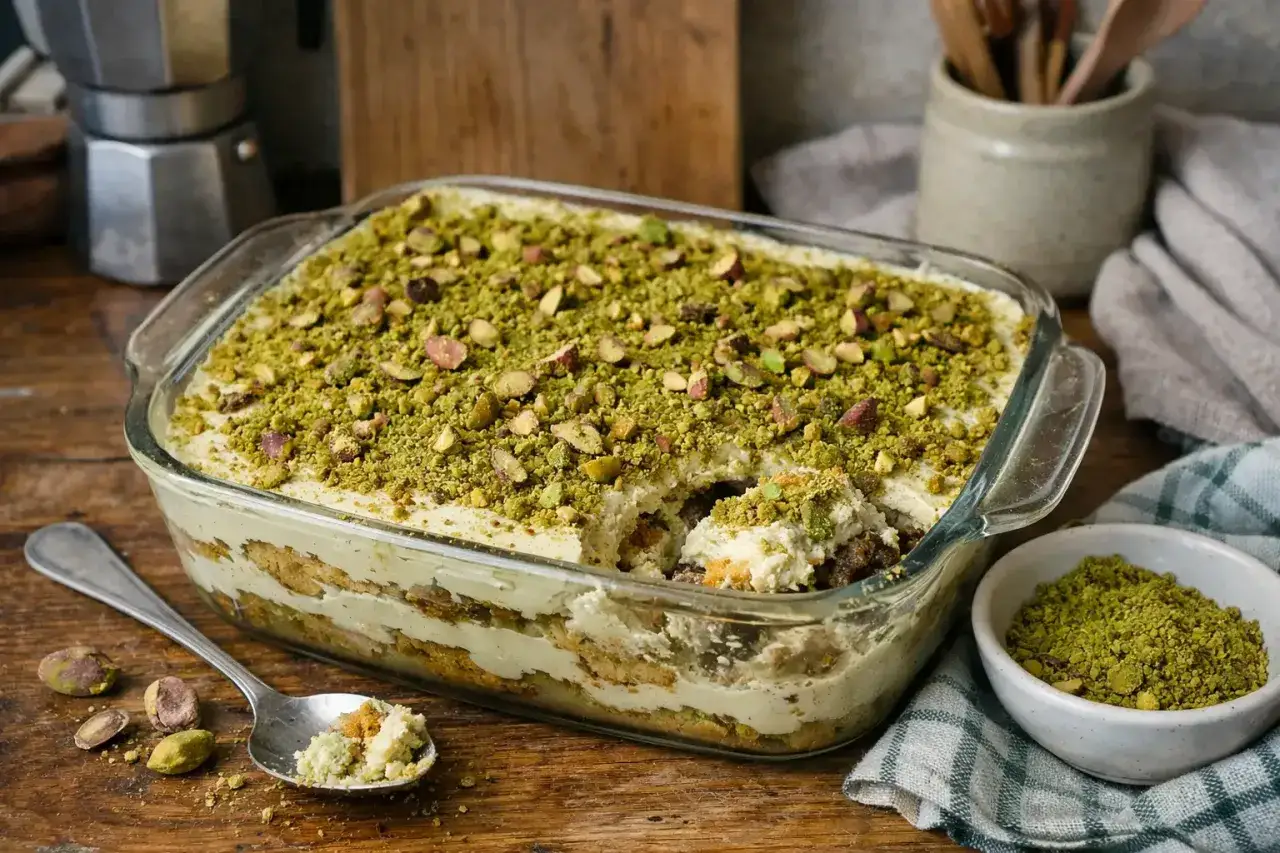 Un d&eacute;licieux tiramisu pistache, g&eacute;n&eacute;reusement saupoudr&eacute; de pistaches concass&eacute;es, pr&ecirc;t &agrave; &ecirc;tre d&eacute;gust&eacute;.