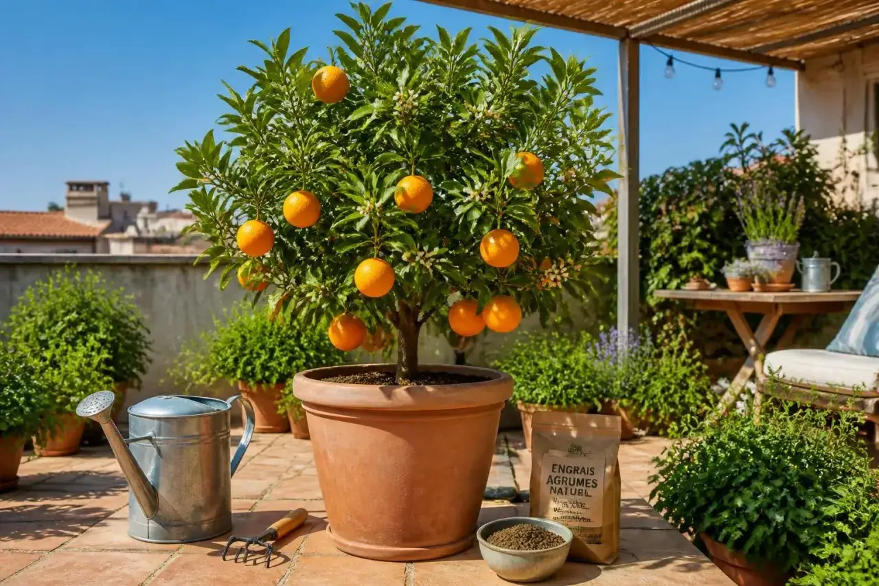 Un bel oranger en pot, charg&eacute; de fruits m&ucirc;rs, tr&ocirc;ne sur une terrasse ensoleill&eacute;e. &Agrave; ses c&ocirc;t&eacute;s, un arrosoir et un petit r&acirc;teau attendent pour prendre soin de cette merveille.