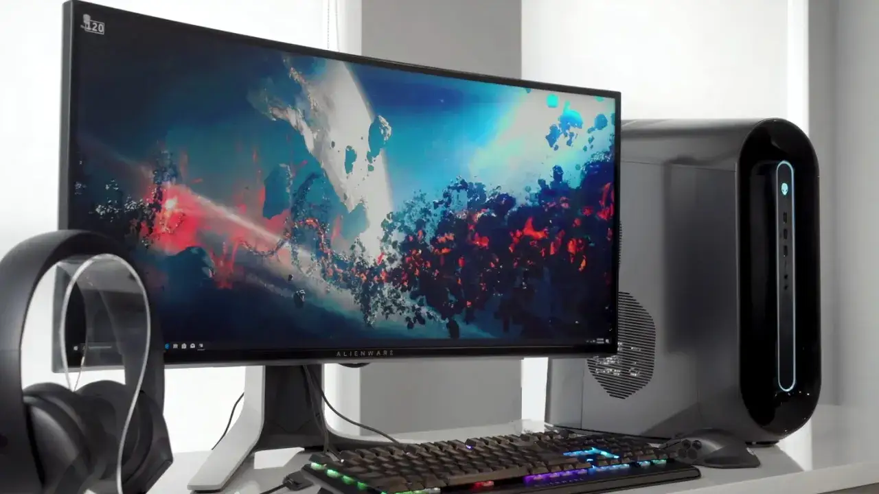 Gamingowy setup: monitor 144hz do 600 zł, klawiatura RGB, myszka i słuchawki. Komputer Alienware z kosmiczną tapetą.