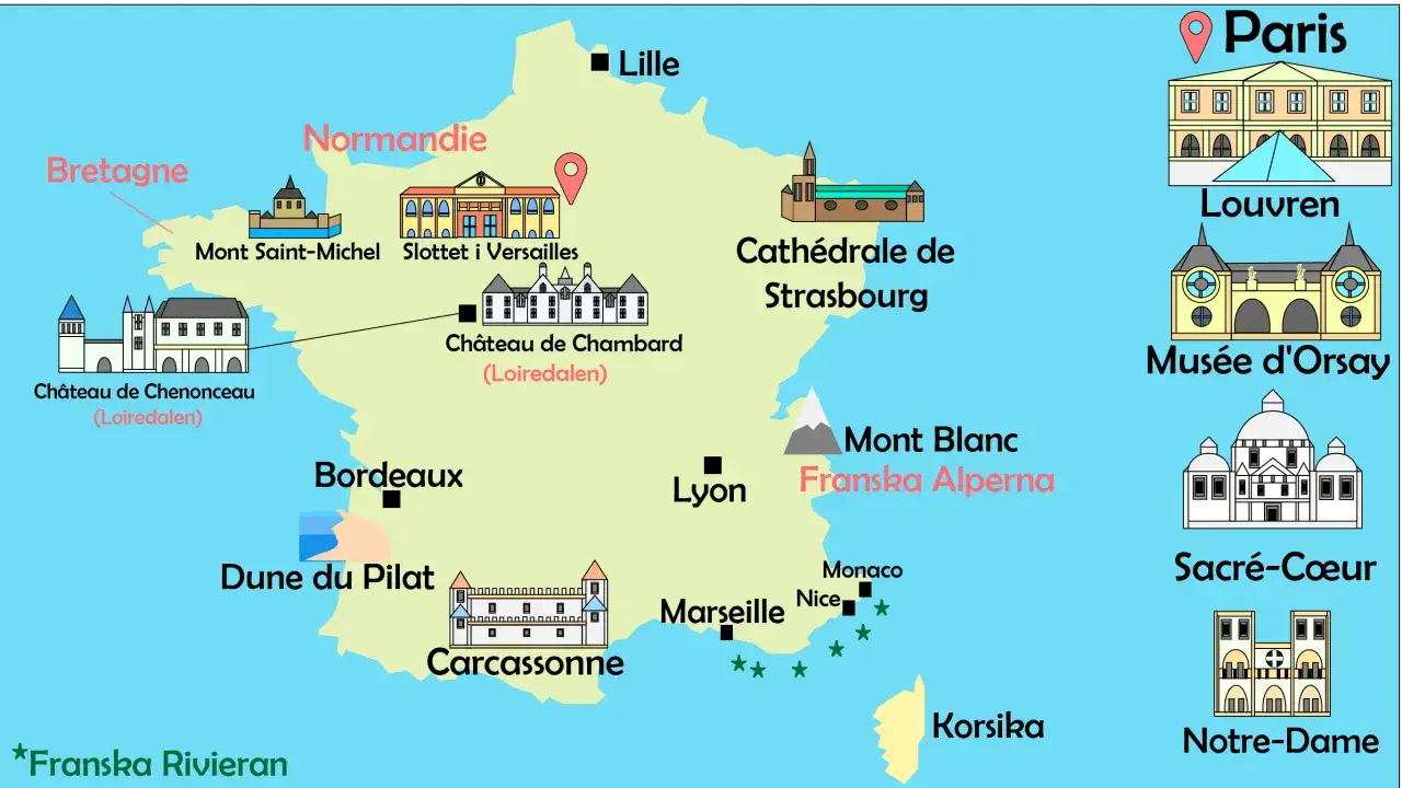 Karta &ouml;ver Frankrike med sev&auml;rdheter som Paris, Louvren, Mont Blanc och Bretagne. Perfekt f&ouml;r en semester i Frankrike.