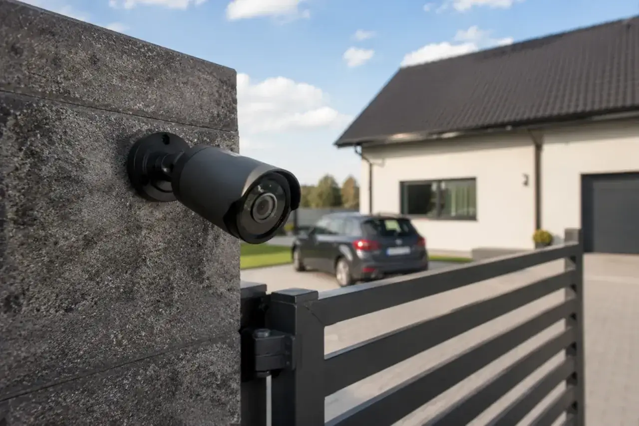 Kamera na działkę zamontowana na słupku, monitoruje podjazd z samochodem i dom.