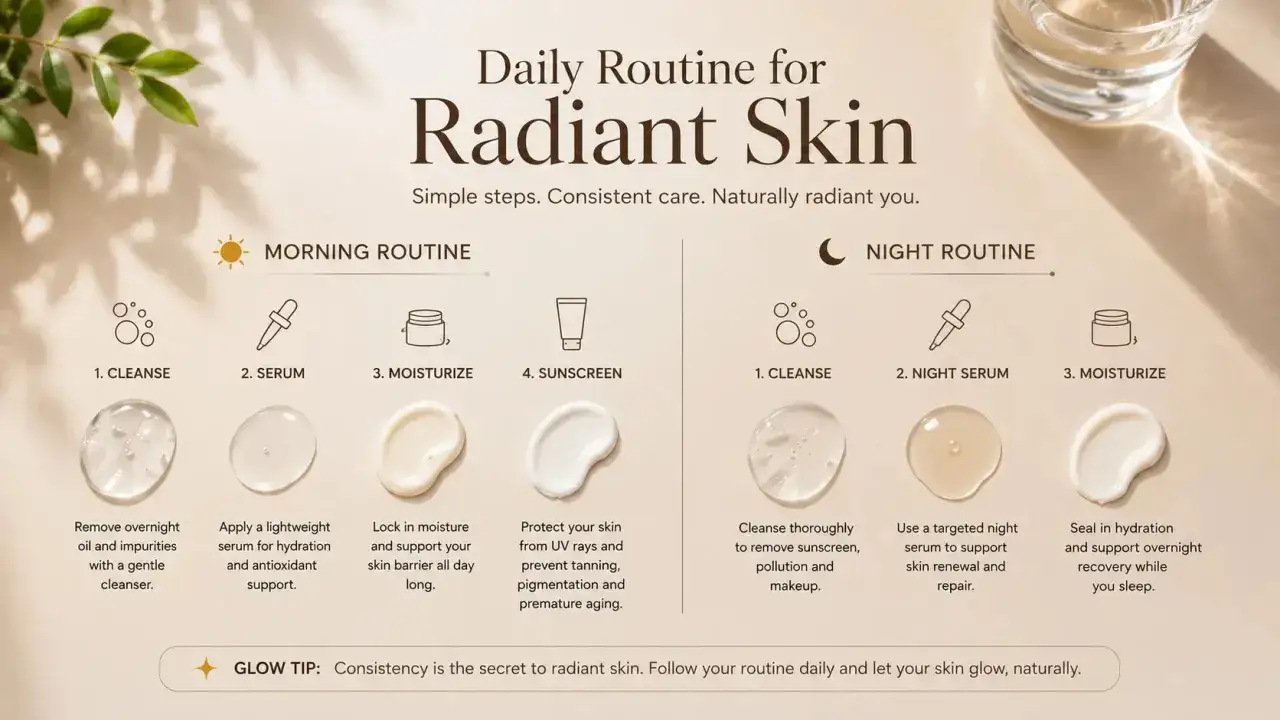 Routine matinale et nocturne pour une peau &eacute;clatante. N'oubliez pas de mettre de la cr&egrave;me solaire tous les jours pour prot&eacute;ger votre peau.