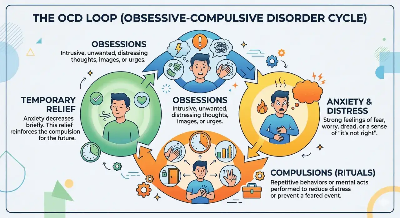 Cykl OCD: obsesje wywołują lęk i stres, prowadząc do kompulsji, które dają chwilową ulgę. To błędne koło, które wyjaśnia, co to OCD.
