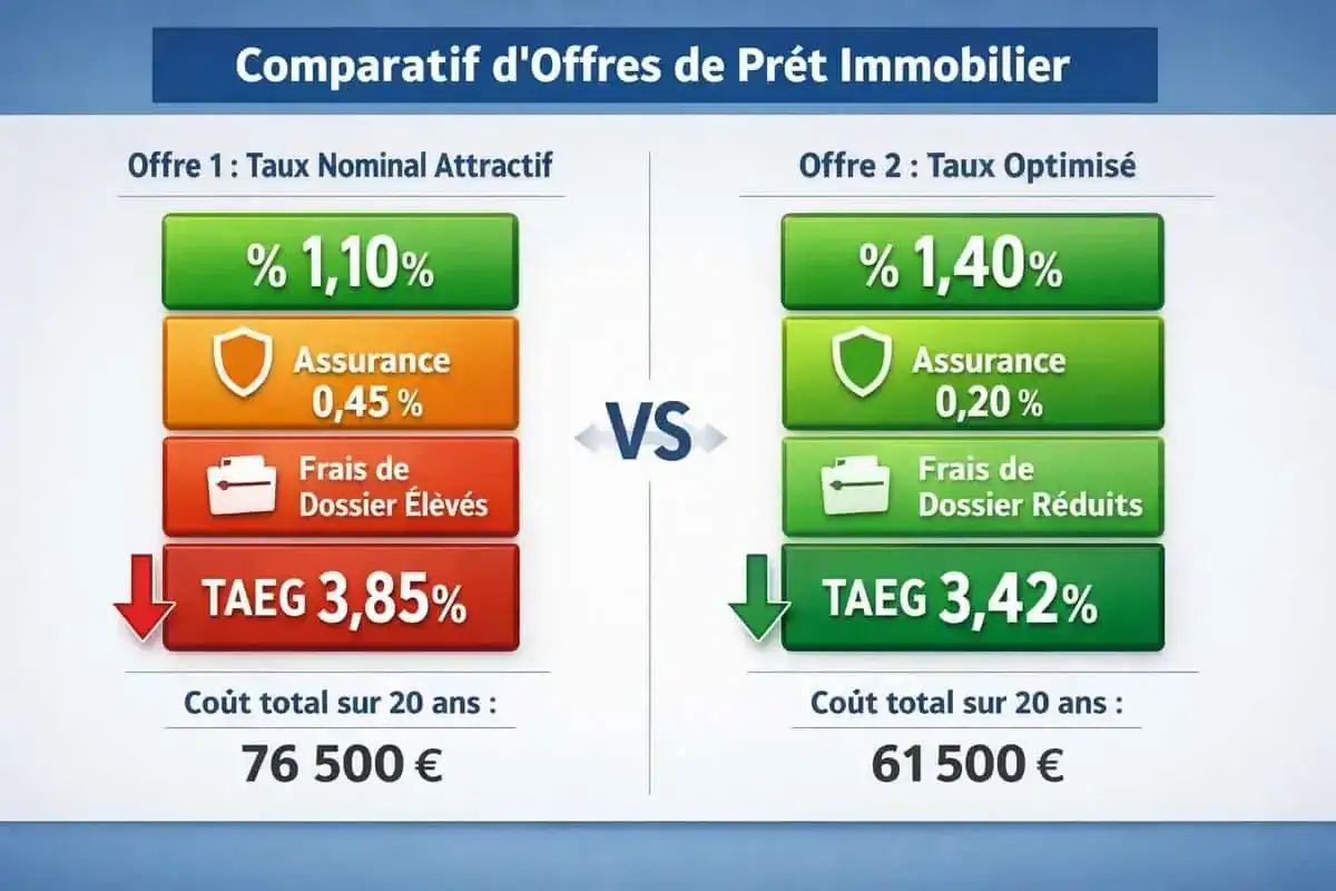 Comparatif de prêts immobiliers : l'offre 2, avec un TAEG de 3,42%, est plus avantageuse que l'offre 1 (TAEG 3,85%).
