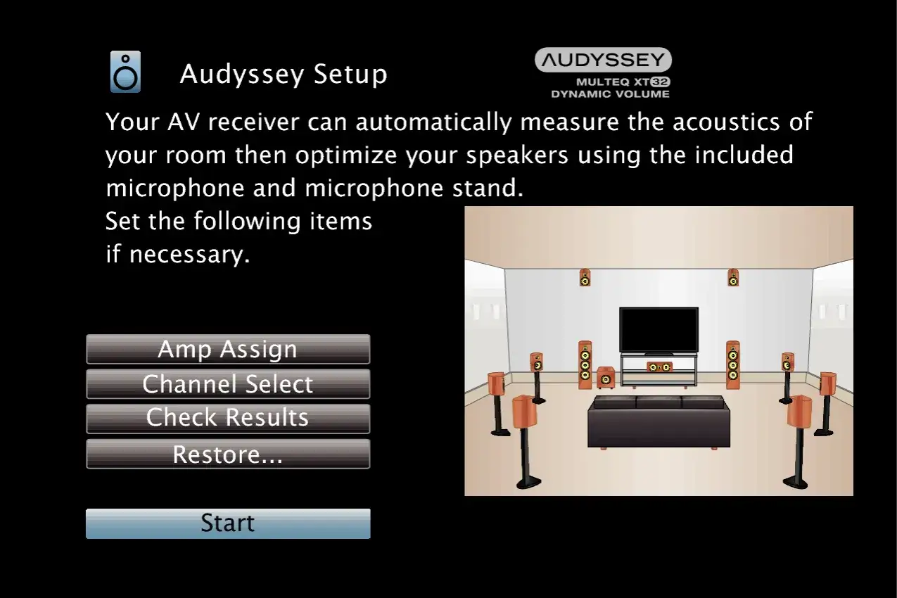 Ustawienia Audyssey dla kina domowego. System Yamaha YPAO automatycznie kalibruje dźwięk, optymalizując głośniki.