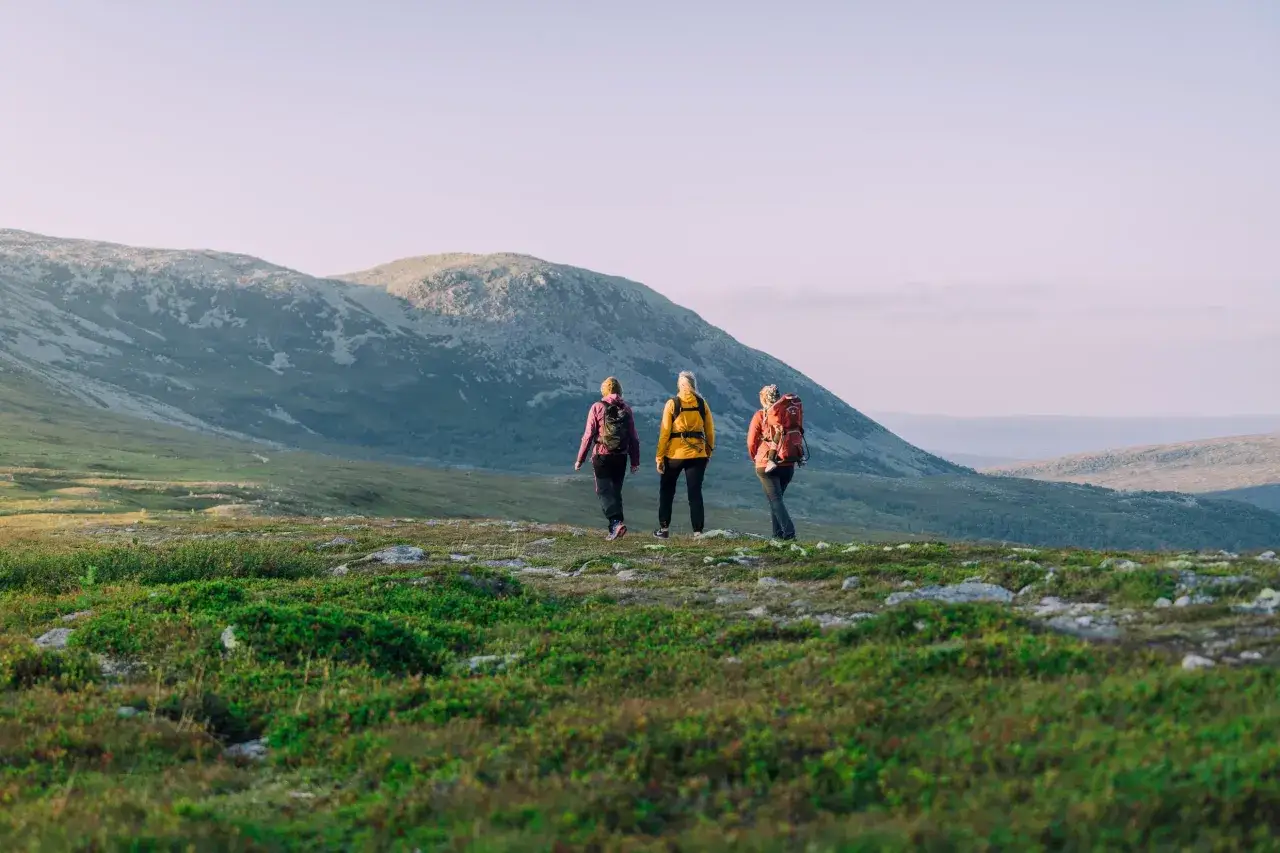 Tre personer på vandring i Idre fjällandskap. Solen lyser på de böljande kullarna och fjällen i bakgrunden.