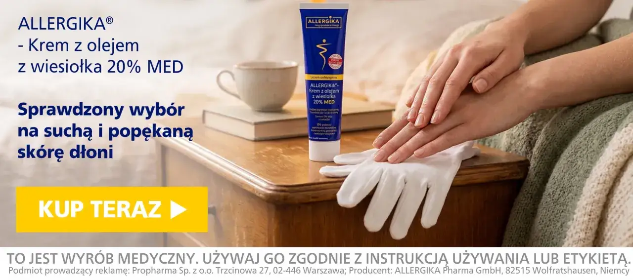 Dłonie z suchą skórą, krem ALLERGIKA z olejem z wiesiołka 20% MED.
