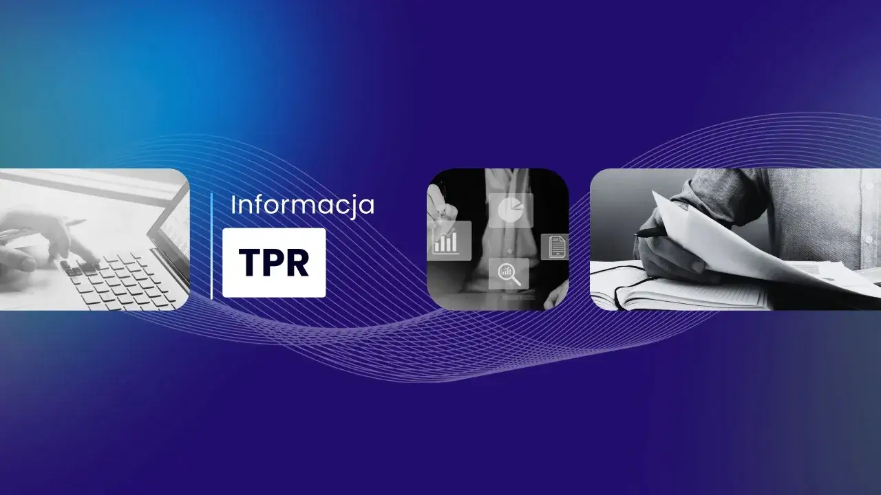 Informacja TPR: ręce piszące na klawiaturze, ikony analizy danych i notatki w dzienniku.