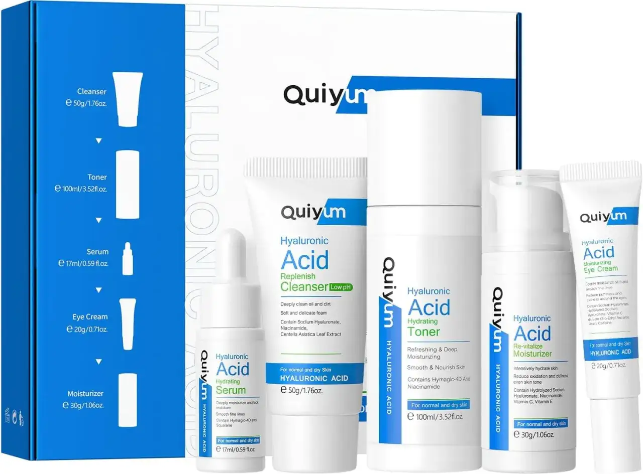 Un kit skincare Quiyum con acido ialuronico: detergente, tonico, siero, crema contorno occhi e idratante per una pelle radiosa.