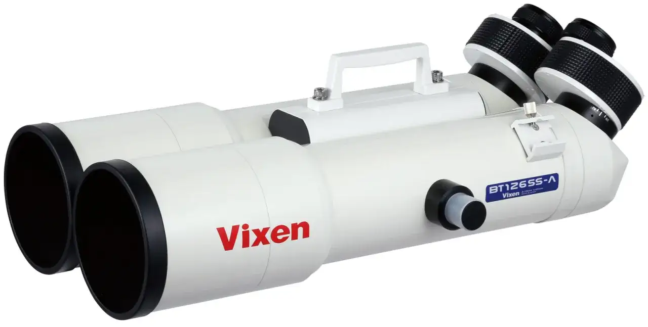 Biała lornetka Vixen BT126SS-A z uchwytem, idealna jako lornetka do obserwacji nieba.
