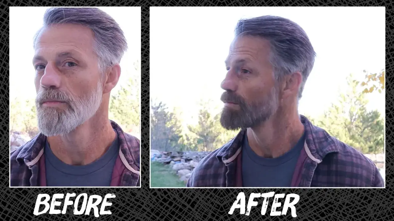Avant/apr&egrave;s : un homme aux cheveux gris et &agrave; la barbe grise avant de teindre la barbe, puis apr&egrave;s, avec une barbe plus fonc&eacute;e et des cheveux plus fonc&eacute;s.