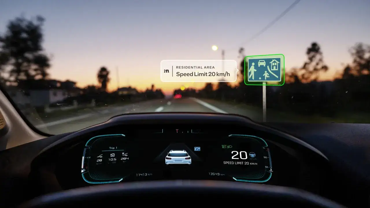 El asistente inteligente de velocidad muestra un l&iacute;mite de 20 km/h en un &aacute;rea residencial, con un coche y un peat&oacute;n en el panel.
