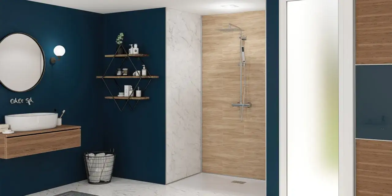 Salle de bain moderne avec douche &agrave; l'italienne. Poser du carrelage sur du carrelage inconv&eacute;nients : &eacute;paisseur, adh&eacute;rence, humidit&eacute;.